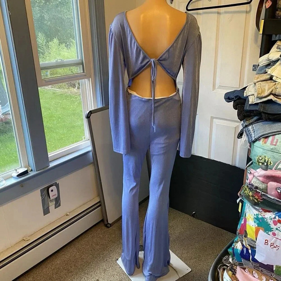 Shein Sexy Flirty Cutout Women's Jumpsuit L Flounce Sleeve Flare Leg Stretchy - Picture 11 of 13